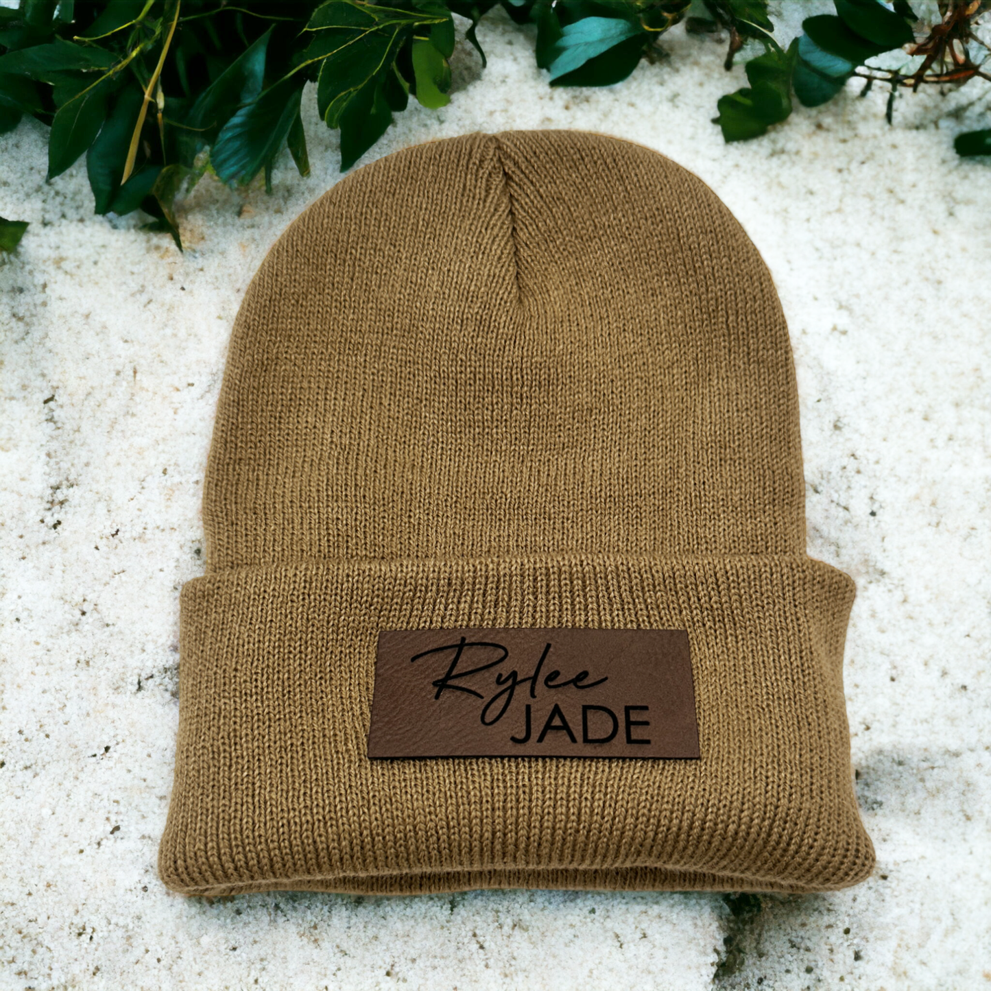 Child Leather Patch Name Beanie