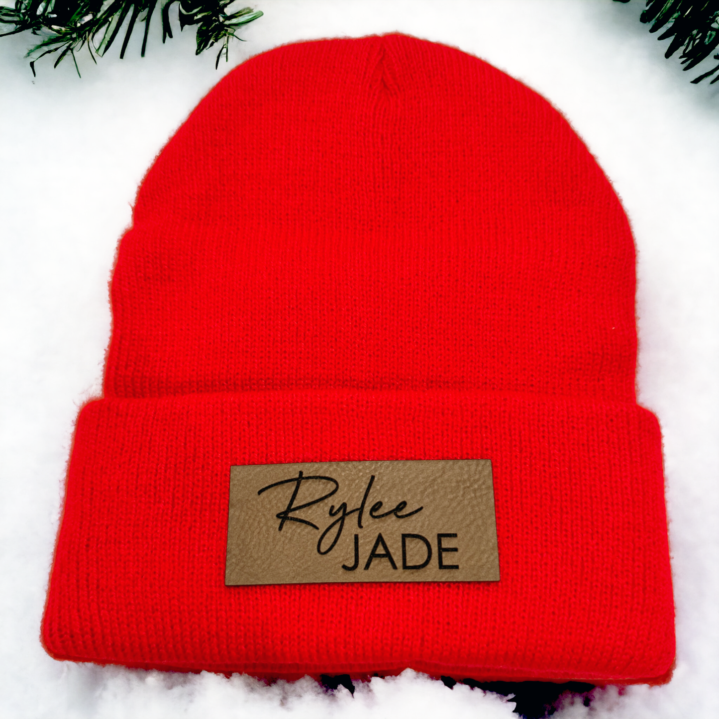 Child Leather Patch Name Beanie